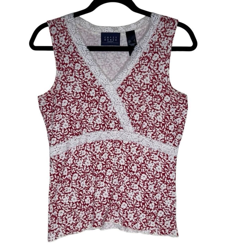 Crazy Horse Red & Cream Lace Trimmed Cami Top Size S Vintage, Y2K